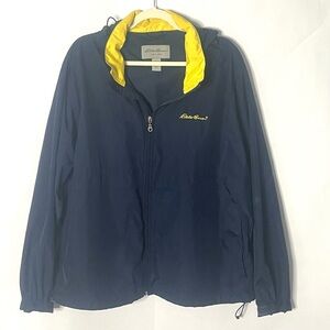 Eddie Bauer men’s 80s 90s windbreaker rain jacket zip up w/ hoodie Size L hiking